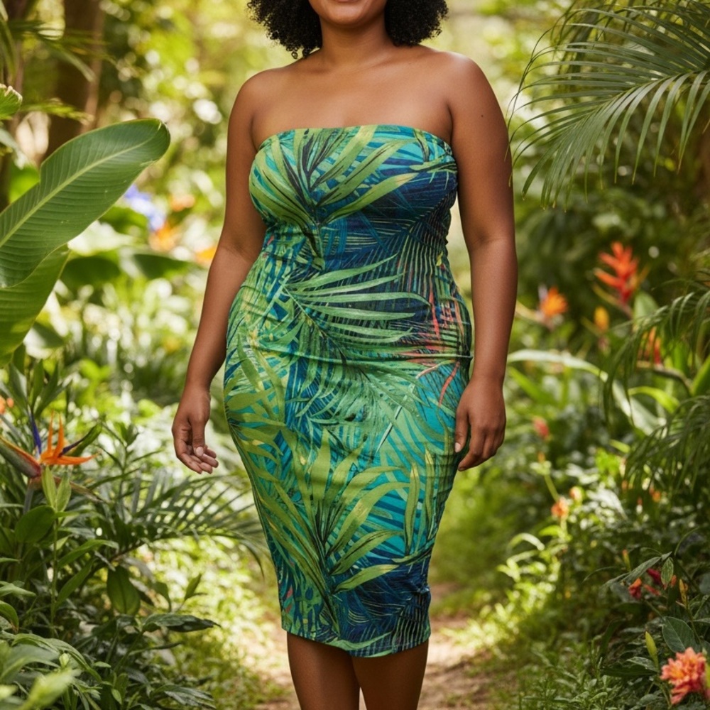 Revamped Tropical Strapless Leaf Print Dress in Green and Blue